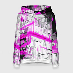 Толстовка-худи женская Бело-розовая абстракция на чёрном фоне, цвет: 3D-белый