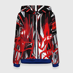 Толстовка-худи женская Красно-белая хаотичная абстракция на чёрном фоне, цвет: 3D-синий