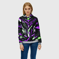 Толстовка-худи женская Фиолетово-белые абстрактные линии на чёрном фоне, цвет: 3D-меланж — фото 2