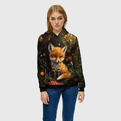 Толстовка-худи женская Лисёнок в волшебном лесу, цвет: 3D-черный — фото 2