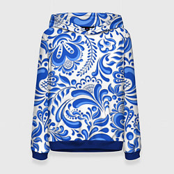 Толстовка-худи женская Русская гжель, цвет: 3D-синий