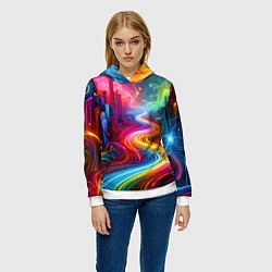 Толстовка-худи женская Неоновый город - нейроарт, цвет: 3D-белый — фото 2
