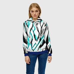 Толстовка-худи женская Чёрно-голубые агрессивные полосы на белом фоне, цвет: 3D-синий — фото 2