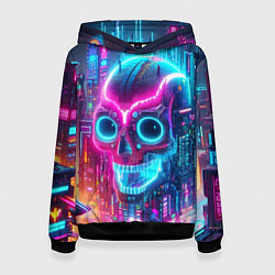 Толстовка-худи женская Neon skull in metropolis - future, цвет: 3D-черный