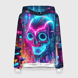 Толстовка-худи женская Neon skull in metropolis - future, цвет: 3D-белый