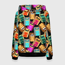 Толстовка-худи женская Разноцветные котики паттерн, цвет: 3D-черный