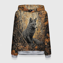 Толстовка-худи женская Серый лис в осенней чаще, цвет: 3D-меланж