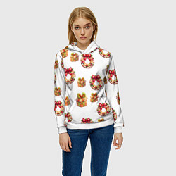 Толстовка-худи женская Много новогодних пончиков и подарков с бантиком и, цвет: 3D-белый — фото 2