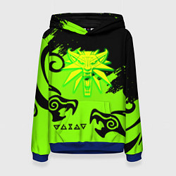 Толстовка-худи женская Ведьмак кислотное лого драконы, цвет: 3D-синий
