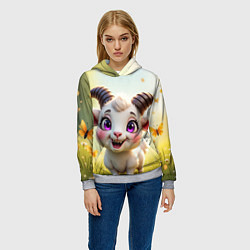 Толстовка-худи женская Козлёнок на лугу, цвет: 3D-меланж — фото 2