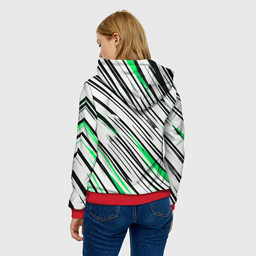 Женская толстовка Диагональные чёрно-зелёные полосы на белом фоне / 3D-Красный – фото 4