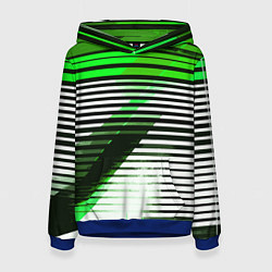 Толстовка-худи женская Зелёно-чёрные полосы на белом фоне, цвет: 3D-синий
