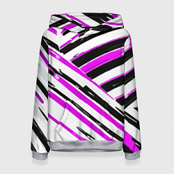 Толстовка-худи женская Розово-чёрные полосы на белом фоне, цвет: 3D-меланж