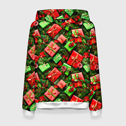 Толстовка-худи женская Новогодние подарки в коробках, цвет: 3D-белый