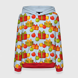 Толстовка-худи женская Новогодний паттерн с подарками и ёлочными шариками, цвет: 3D-красный