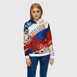 Толстовка-худи женская Надпись Россия на фоне цветов флага, цвет: 3D-белый — фото 2