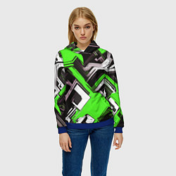 Толстовка-худи женская Бело-зелёный техно паттерн на чёрном фоне, цвет: 3D-синий — фото 2