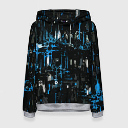 Толстовка-худи женская Бело-синяя тревожная абстракция на чёрном фоне, цвет: 3D-меланж