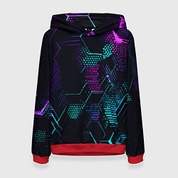 Толстовка-худи женская Розово-голубые точки и линии на чёрном фоне, цвет: 3D-красный