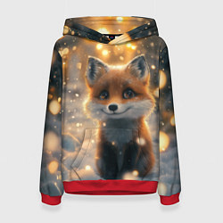 Толстовка-худи женская Лисица в снегу и желтые огоньки, цвет: 3D-красный