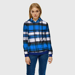 Толстовка-худи женская Сине-белая ткань в клетку, цвет: 3D-синий — фото 2