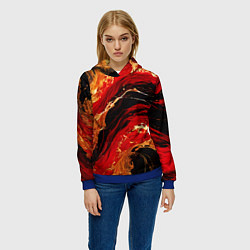 Толстовка-худи женская Красно-золотые брызги на чёрном фоне, цвет: 3D-синий — фото 2