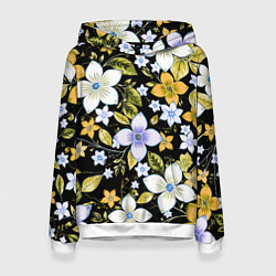 Толстовка-худи женская Жёлто-белые цветы на чёрном фоне, цвет: 3D-белый