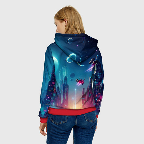 Женская толстовка Neon metropolis in the future - ai art fantasy / 3D-Красный – фото 4