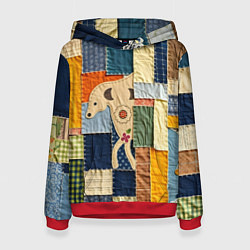 Толстовка-худи женская Пэчворк с собакой, цвет: 3D-красный