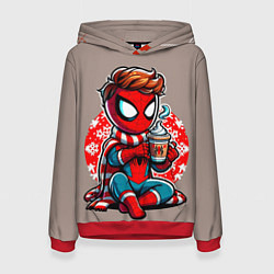 Толстовка-худи женская Новогодний человек-паук с горячим шоколадом, цвет: 3D-красный