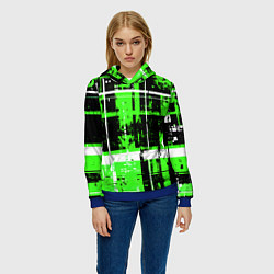 Толстовка-худи женская Зелёно-белый гранж на чёрном фоне, цвет: 3D-синий — фото 2