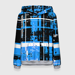 Толстовка-худи женская Сине-белый гранж на чёрном фоне, цвет: 3D-меланж