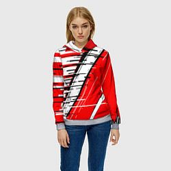Толстовка-худи женская Чёрно-белые глитч полосы на красном фоне, цвет: 3D-меланж — фото 2