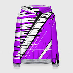 Толстовка-худи женская Чёрно-белые глитч полосы на фиолетовом фоне, цвет: 3D-меланж