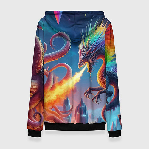 Женская толстовка Огнедышащий дракон против осьминога - нейроарт фан / 3D-Черный – фото 2