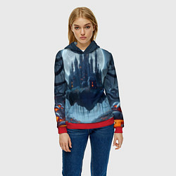 Толстовка-худи женская Замок Дракулы и неоновые грибы - нейроарт фантазия, цвет: 3D-красный — фото 2