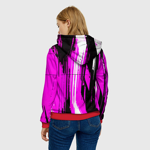 Женская толстовка Вертикальные чёрно-белые линии на розовом фоне / 3D-Красный – фото 4