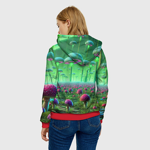 Женская толстовка Рик и Морти в фантастическом неоновом грибном лесу / 3D-Красный – фото 4
