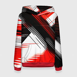 Толстовка-худи женская Диагональные красно-чёрные линии на белом фоне, цвет: 3D-красный