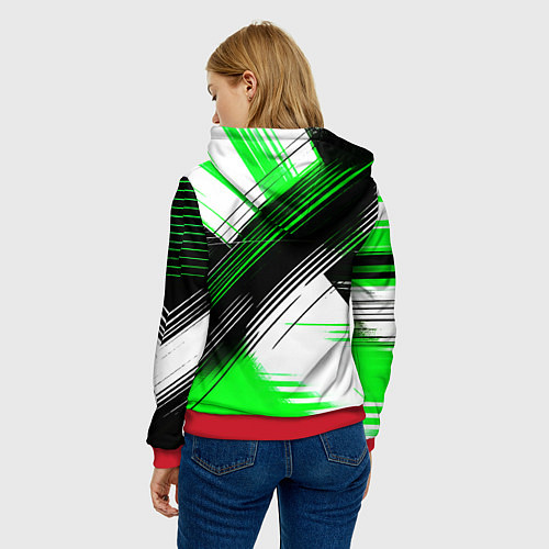 Женская толстовка Диагональные зелёно-чёрные линии на белом фоне / 3D-Красный – фото 4