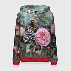 Толстовка-худи женская Новогодние цветы и шишки, цвет: 3D-красный