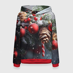 Толстовка-худи женская Новогодние украшения на ветках, цвет: 3D-красный