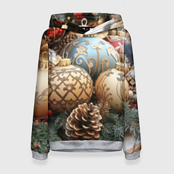 Толстовка-худи женская Большие новогодние шары, цвет: 3D-меланж