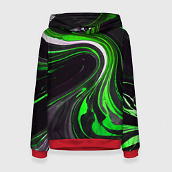 Толстовка-худи женская Волнистые бело-зелёные линии на чёрном фоне, цвет: 3D-красный