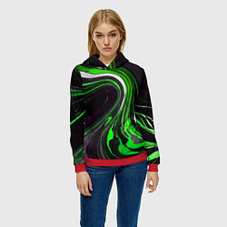 Толстовка-худи женская Волнистые бело-зелёные линии на чёрном фоне, цвет: 3D-красный — фото 2