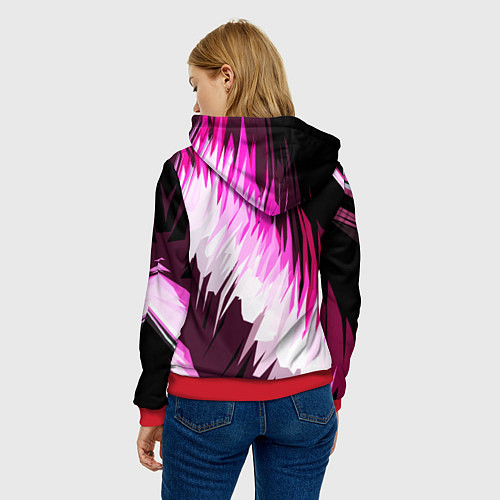 Женская толстовка Бело-розовые острые полосы на чёрном фоне / 3D-Красный – фото 4