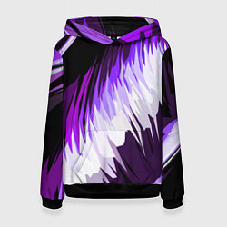 Толстовка-худи женская Бело-фиолетовые острые полосы на чёрном фоне, цвет: 3D-черный