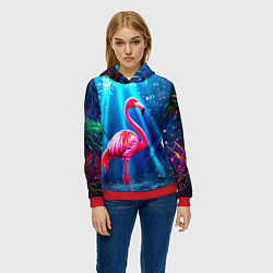 Толстовка-худи женская Розовый фламинго в джунглях, цвет: 3D-красный — фото 2