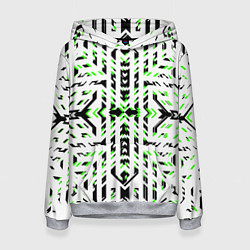 Толстовка-худи женская Чёрно-зелёный диагональные полосы на белом фоне, цвет: 3D-меланж