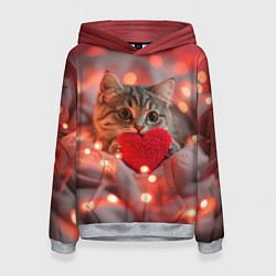Толстовка-худи женская Кошечка с сердечком и с гирляндой, цвет: 3D-меланж